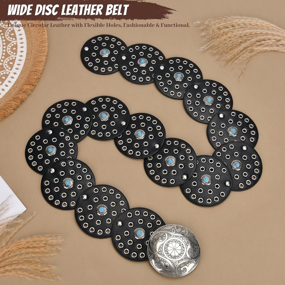 Western Leather Belt Boho Black and Silver Polka Dot Belt fits ways many sizes - Picture 7 of 8